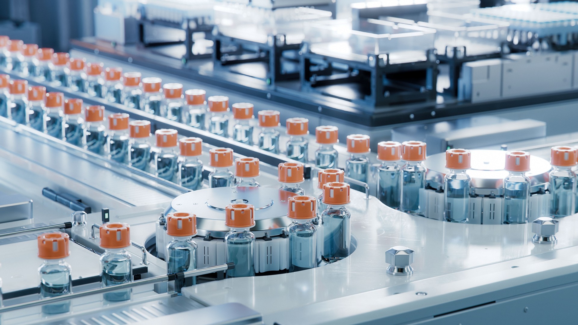 Vaccine Production Facility. Medication Manufacturing Process. Glass Vials with Orange Caps on Conveyor Belt. Medical Ampoule Production Line at Modern Pharmaceutical Factory.